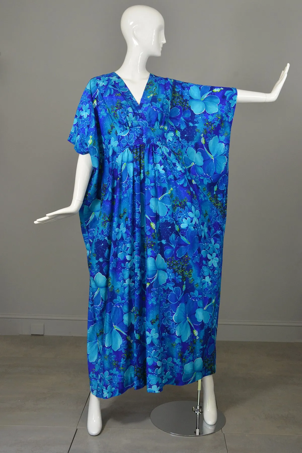 1970s Blue Orchid Hawaiian Maxi Cascading Caftan