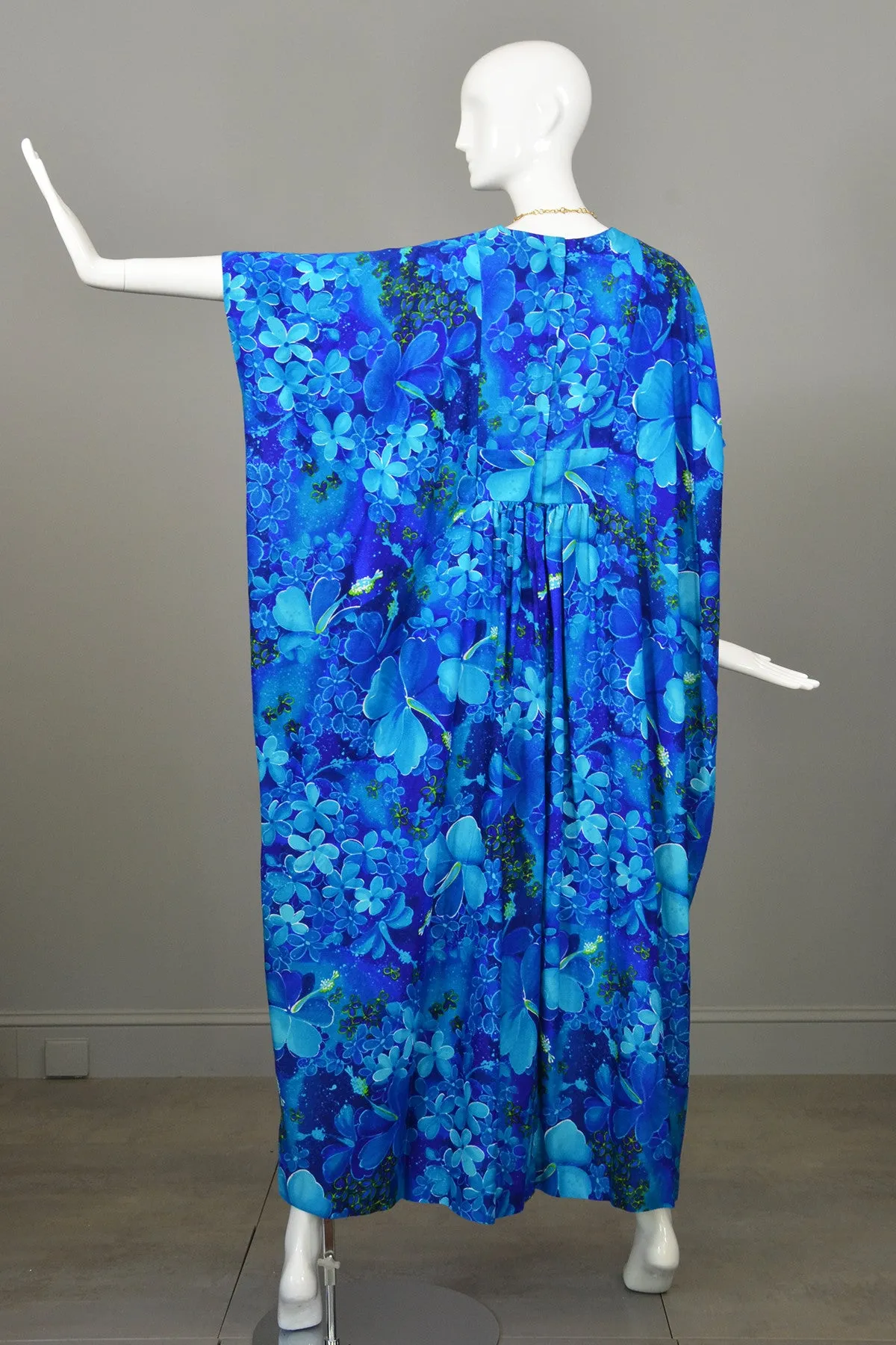 1970s Blue Orchid Hawaiian Maxi Cascading Caftan