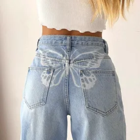 Butterfly Print Casual Jeans Woman High Waist Denim Pants