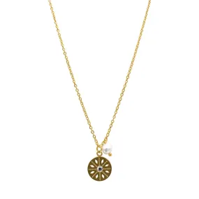 Flower Dial Pendant with Pearl Necklace gold