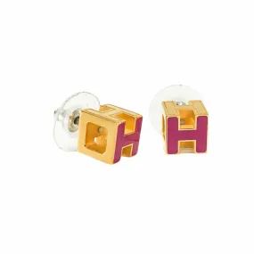 'H' Earrings gold with pink enamel