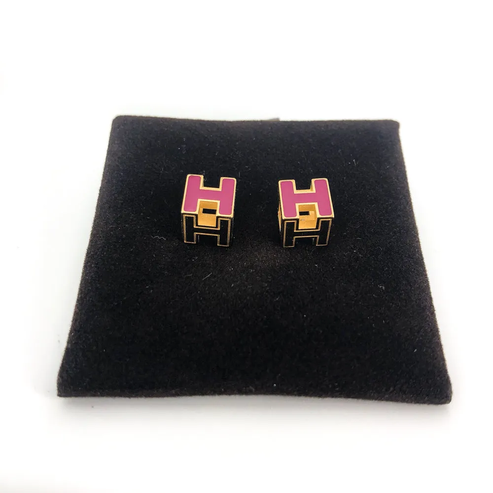 'H' Earrings gold with pink enamel