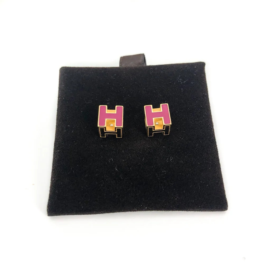 'H' Earrings gold with pink enamel