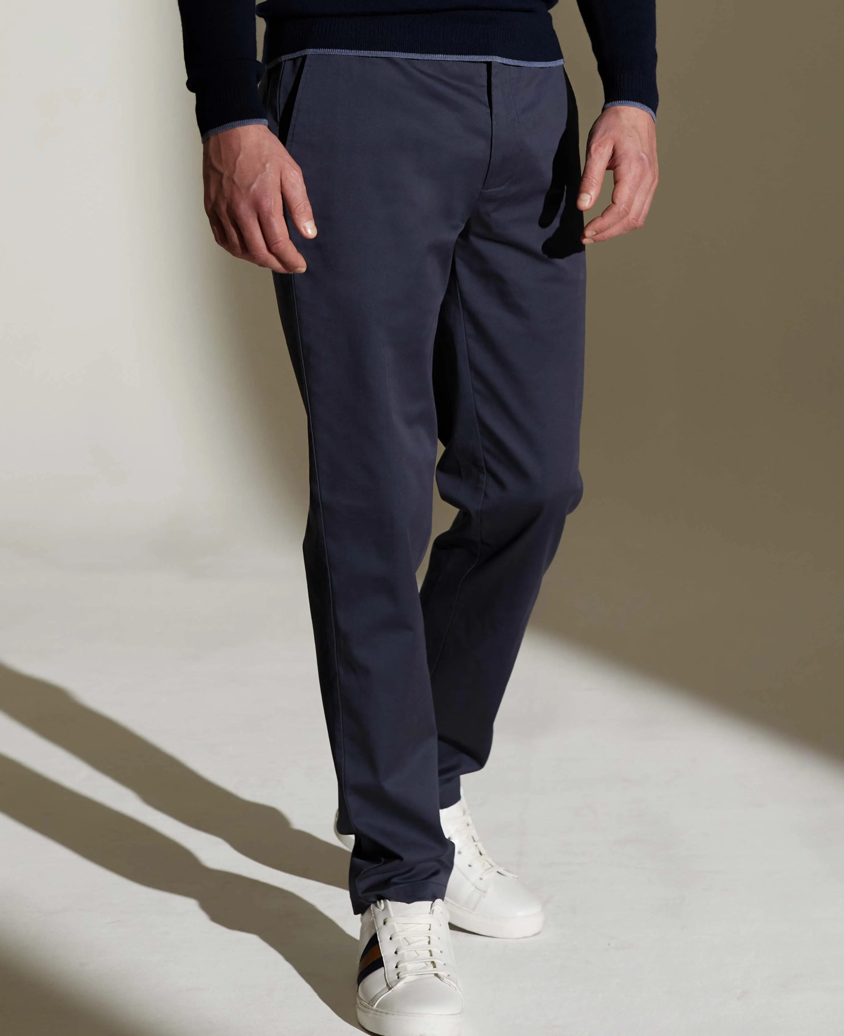 Navy Stretch Cotton Classic Fit Flat Front Chinos