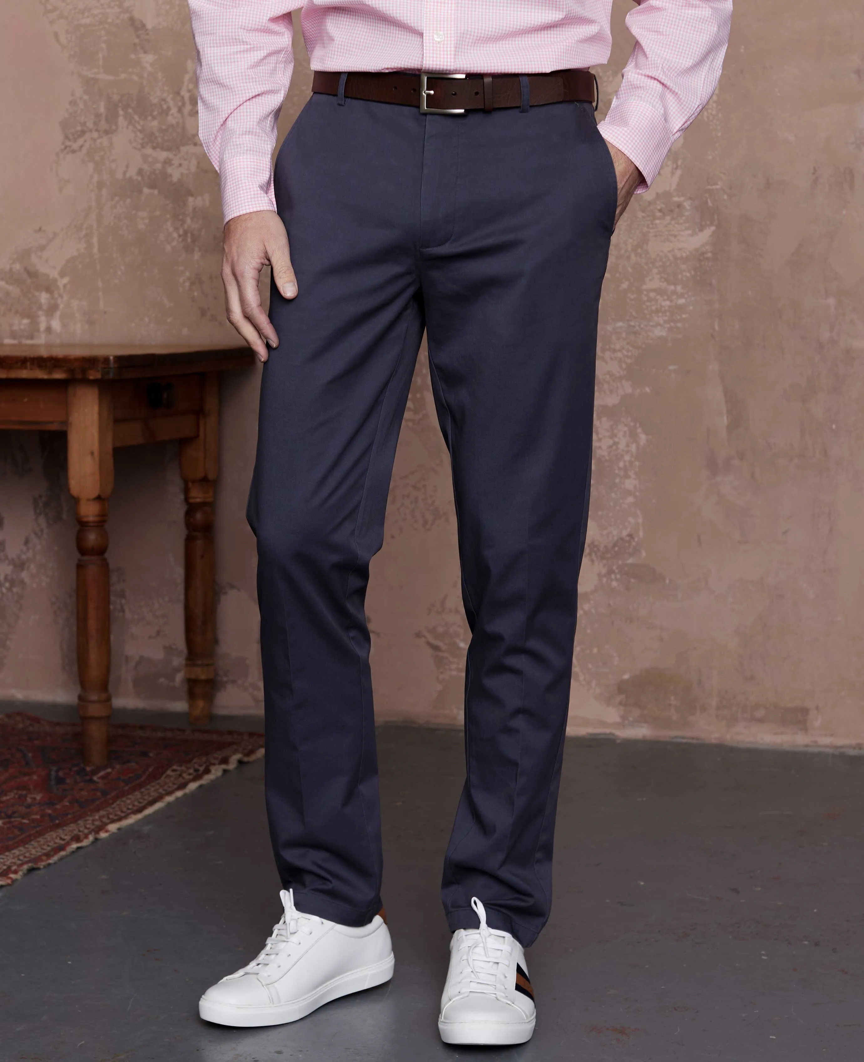 Navy Stretch Cotton Classic Fit Flat Front Chinos