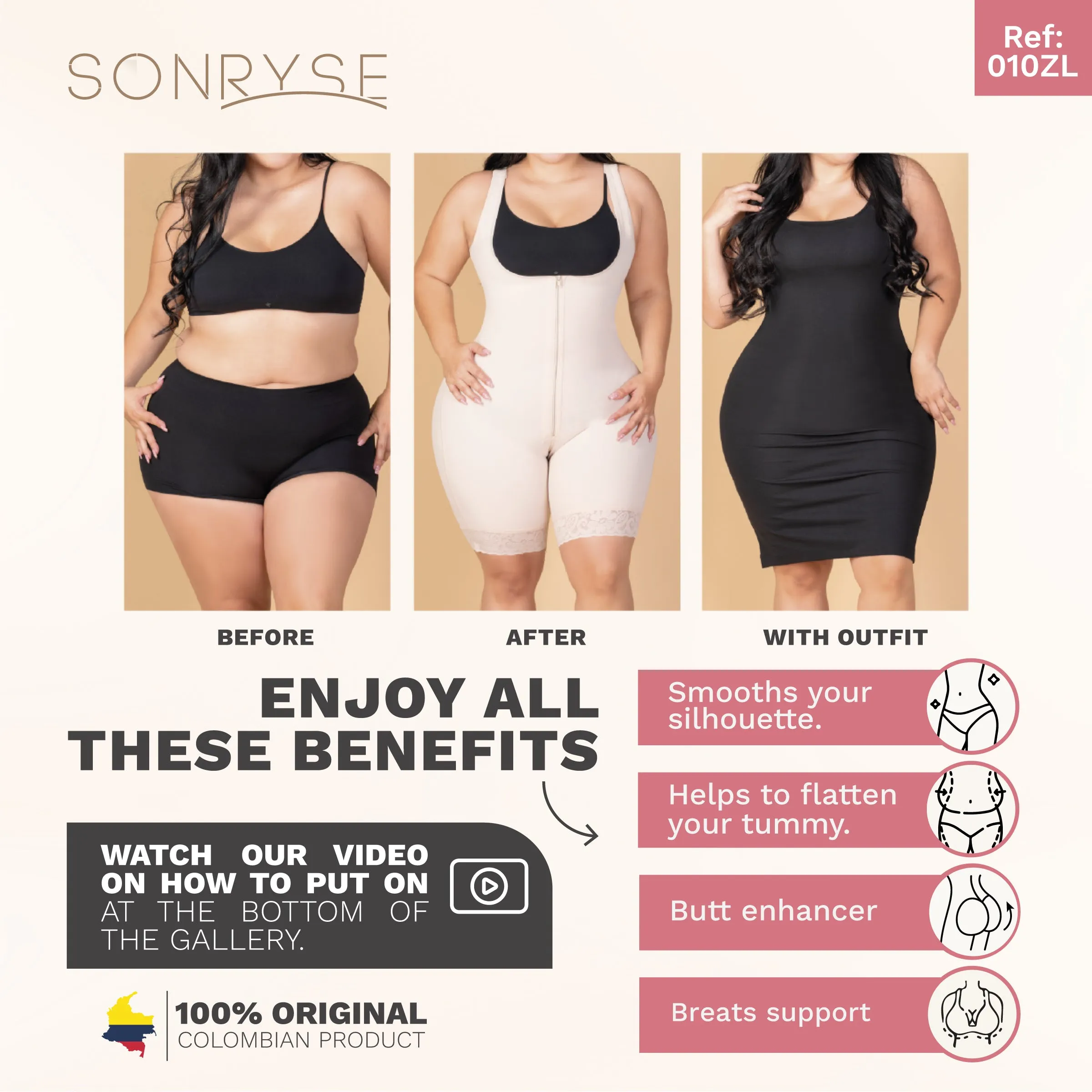 Thigh Liposuction Post-Surgery Faja, Wide Straps, Bra, Zipper & Medium Compression Sonryse 010ZL