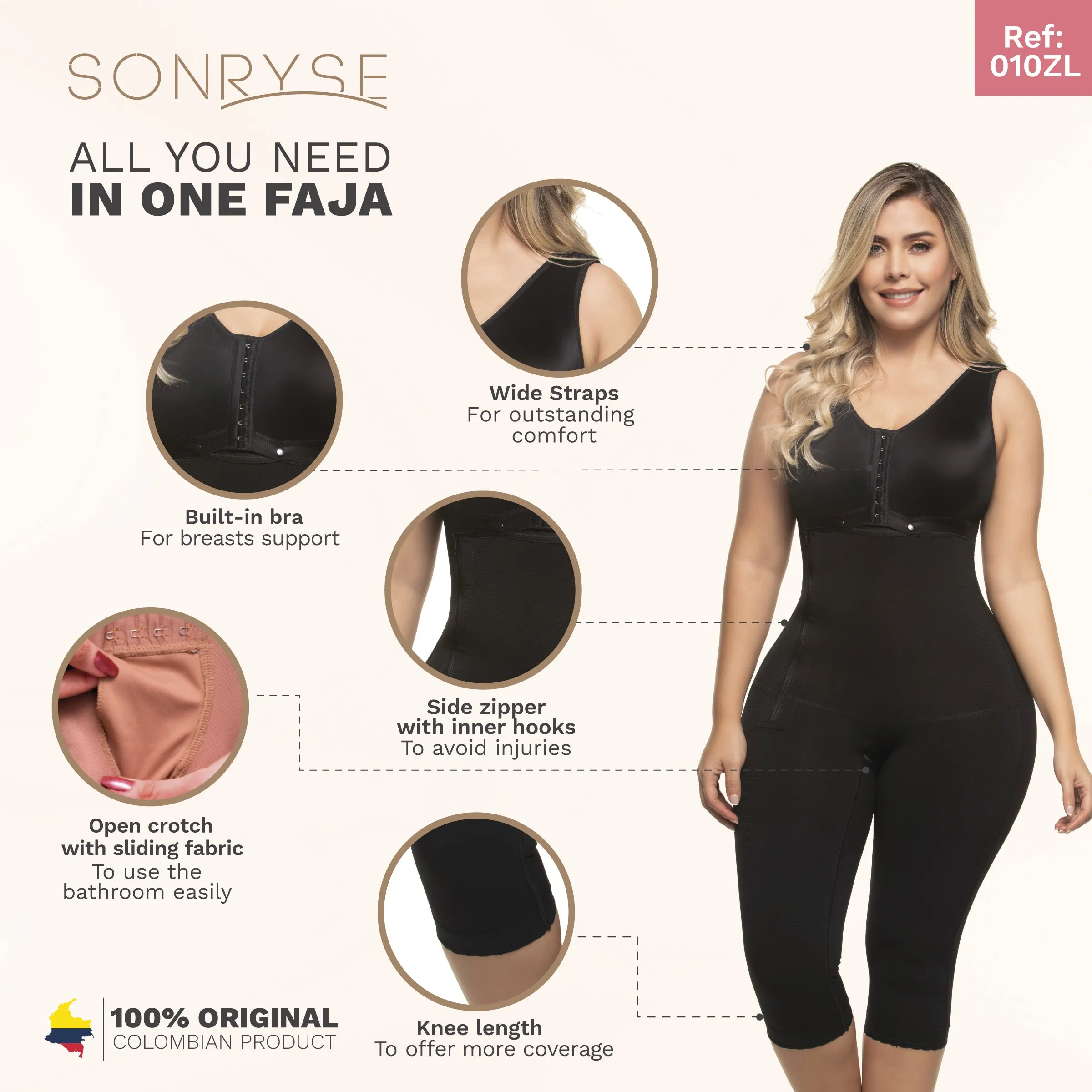 Thigh Liposuction Post-Surgery Faja, Wide Straps, Bra, Zipper & Medium Compression Sonryse 010ZL