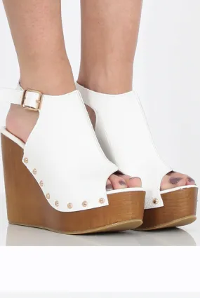 White Pu Wooden Wedge Sandels-  Vera